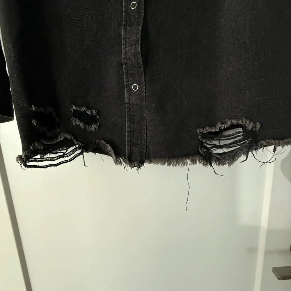 Distressed Black Denim Button Down - Picture 2 of 4